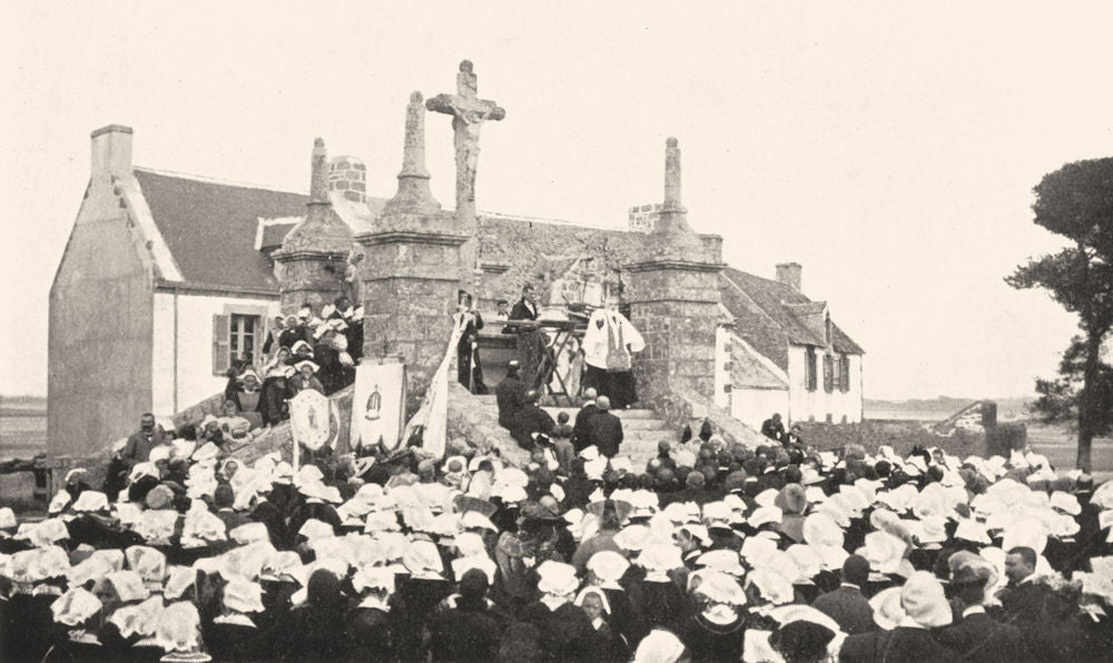 BRITTANY. France. Good Friday Sermon, St Cado;  1900 old antique print picture
